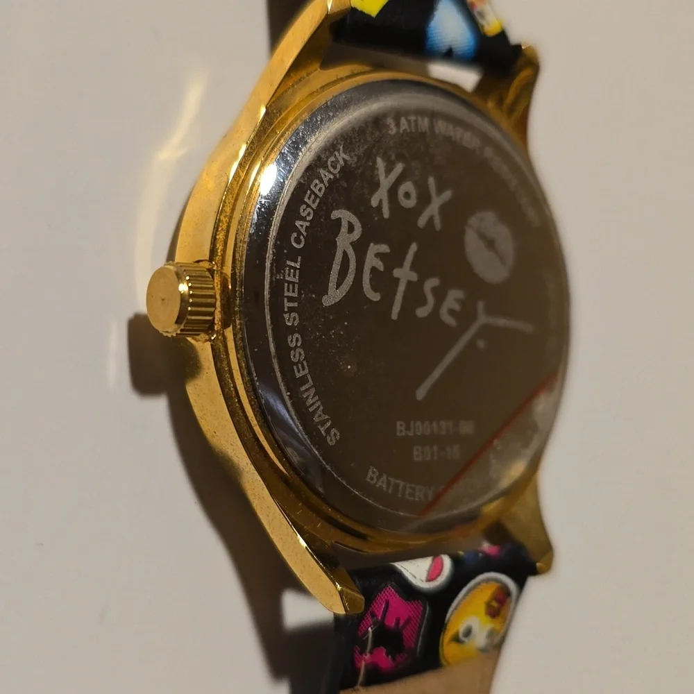 Betsey Johnson Gold Cartoon Watch with Black Strap